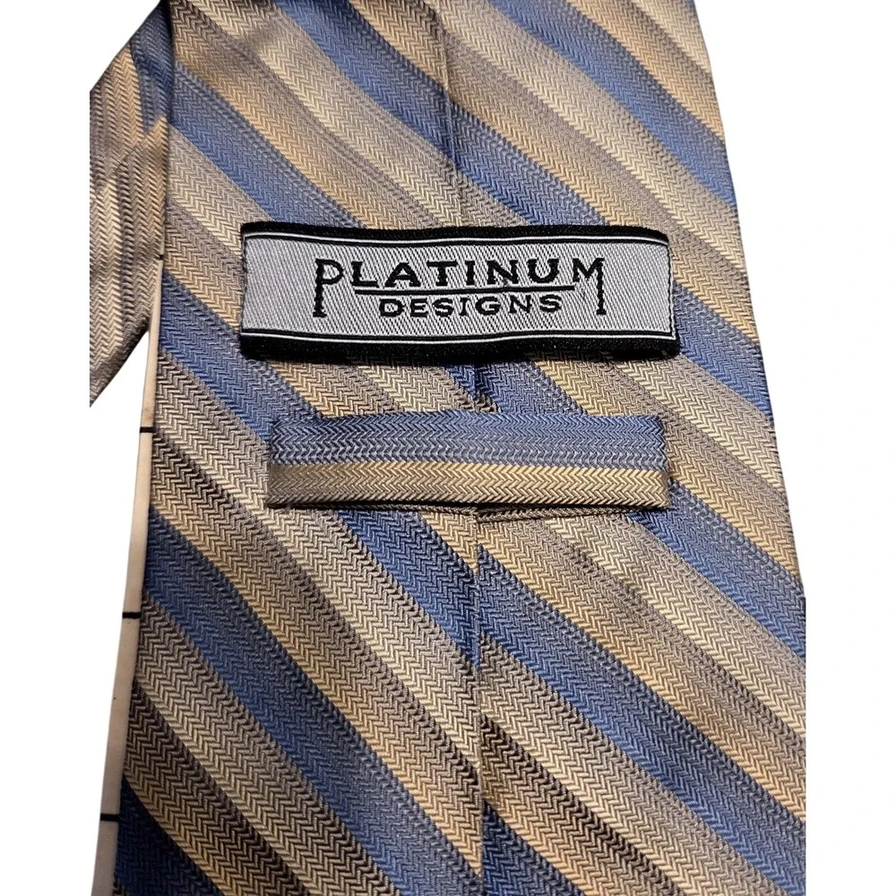 Platinum Designs Necktie Mens OS Blue Gold‎ Silk Striped Herringbone Hand Made